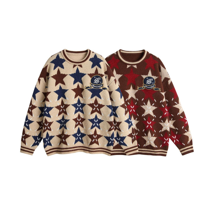 Unisex Grobgestrickter Oversize-Pullover mit Stern-Intarsien und gesticktem Logopatch Drune