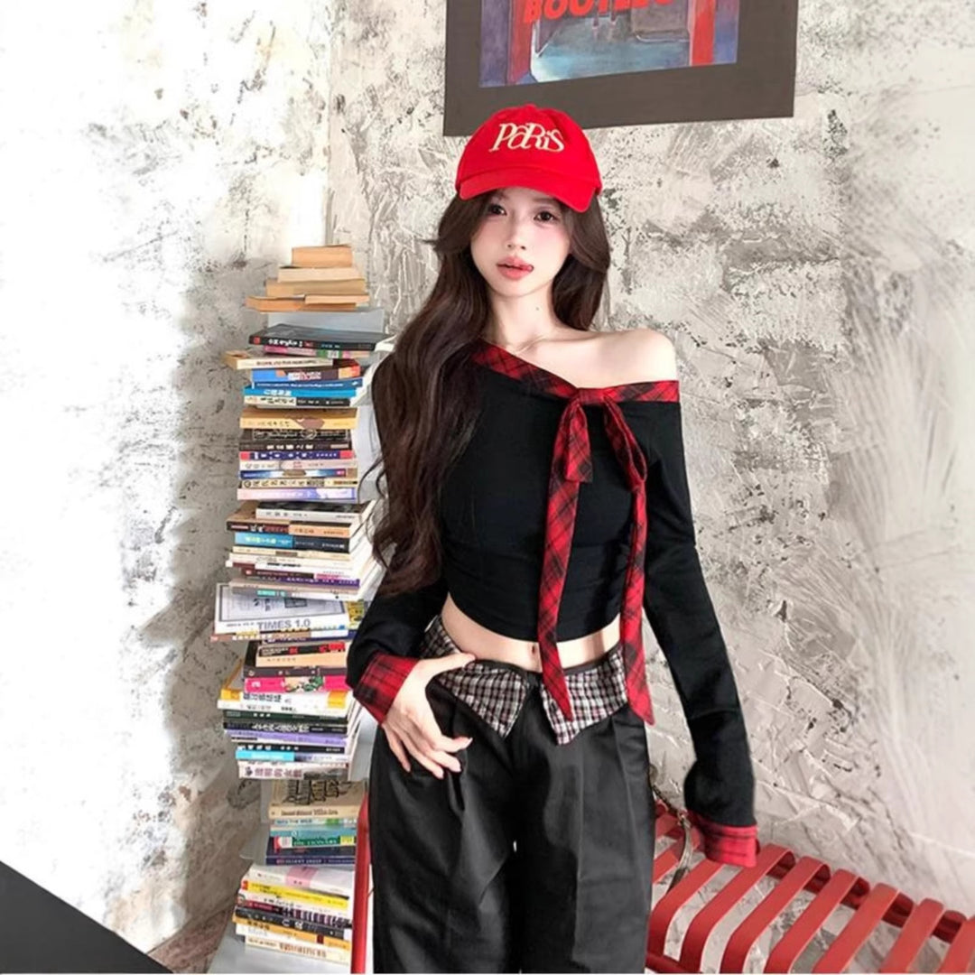 Damen Crop-Top mit modischem Off-Shoulder Design und karierter Schleife Drune