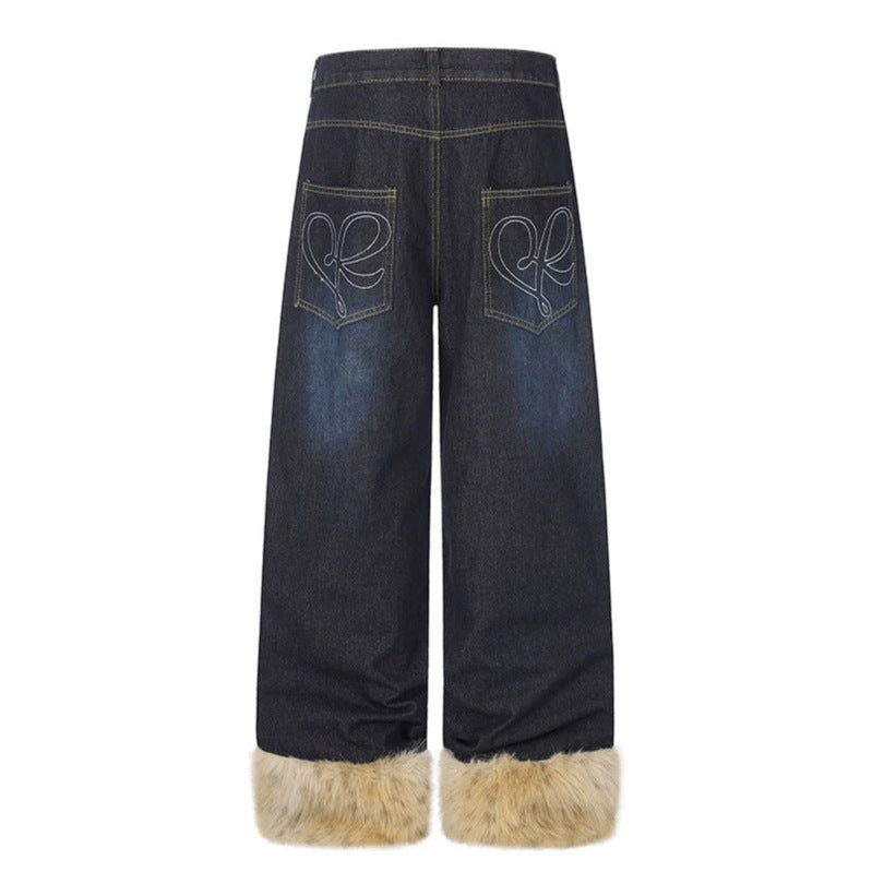 Damen Weite Denim-Palazzo-Jeans mit Fellbündchen und Nieten Drune
