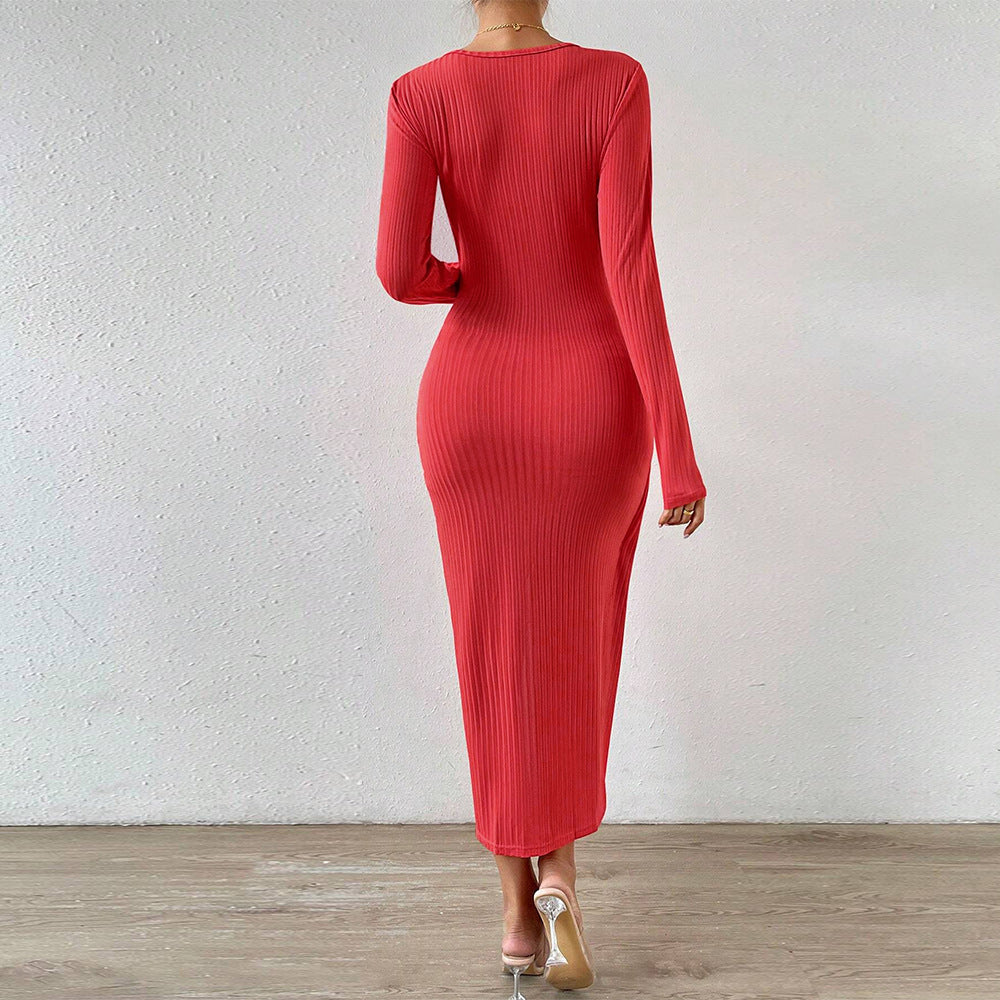 Damen gerafftes Maxikleid mit Knotendetail, figurbetonter Rippenstruktur und hohem Seitenschlitz Drune