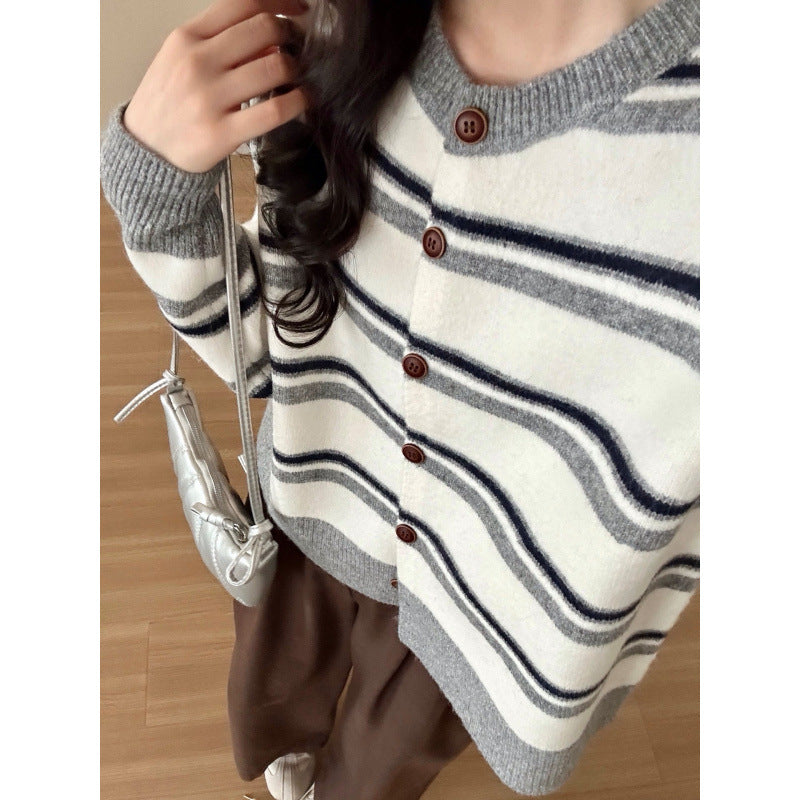 Damen modischer Knopf-Cardigan mit Streifenmuster Drune