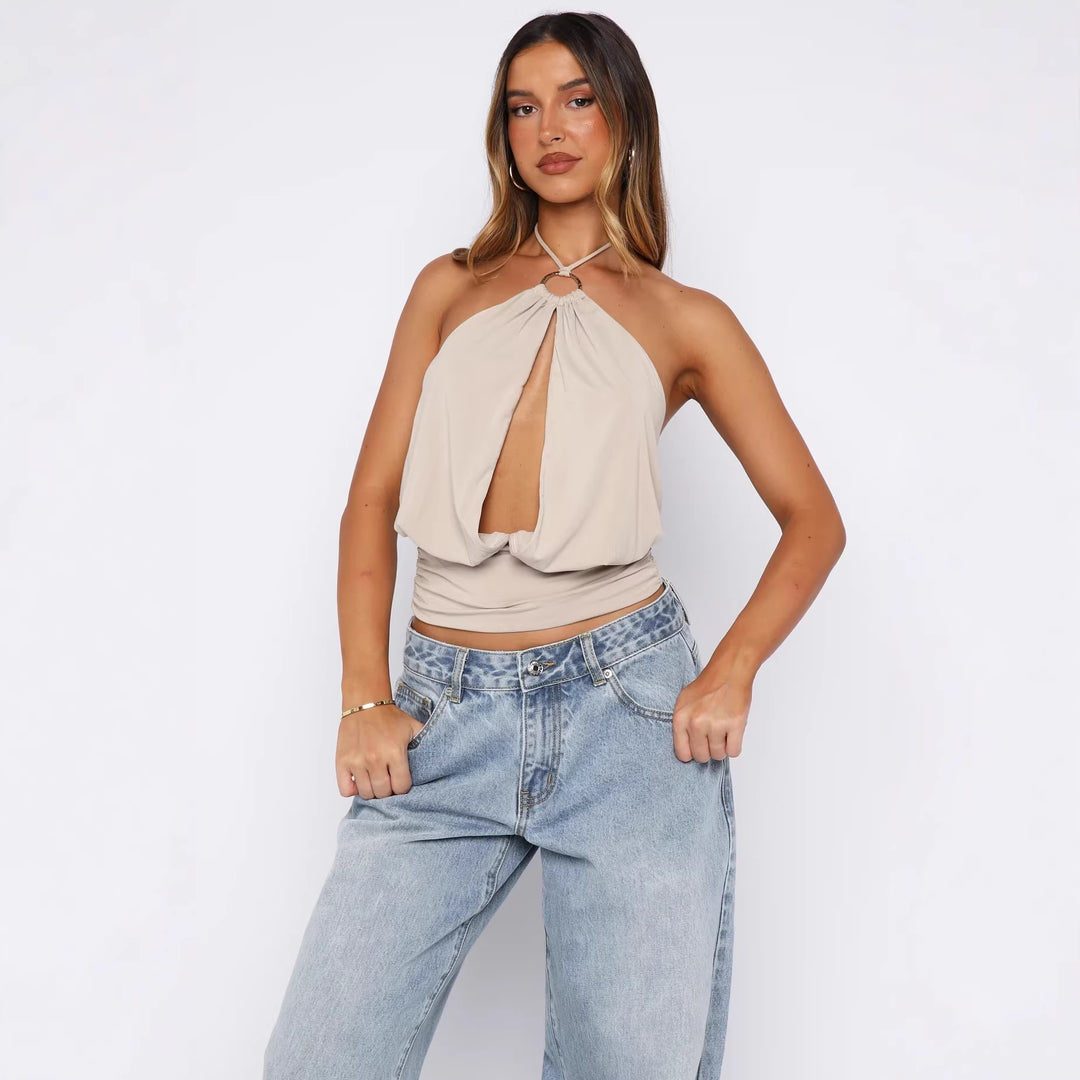 Damen Elegantes Halterneck-Top mit raffiniertem Ausschnitt und dekorativem Ringdetail Drune