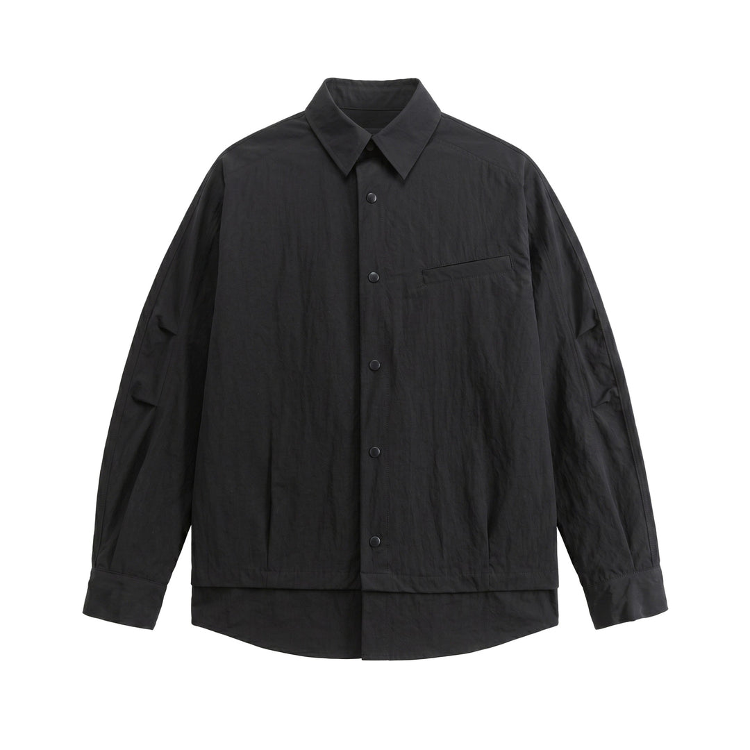 Unisex Oversize Hemdjacke mit Druckknöpfen, Kentkragen und Brust‑Welttasche Drune