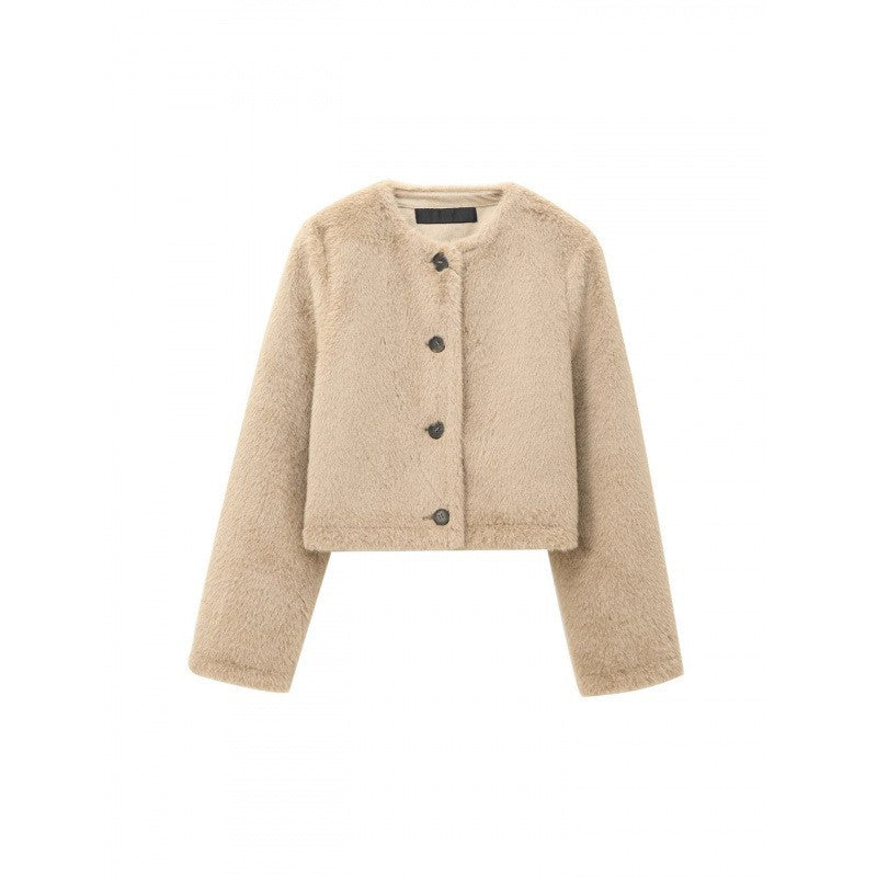 Damen Cropped Teddy‑Jacke mit geradem Saum, Rundhals und Hornknopfverschluss Drune