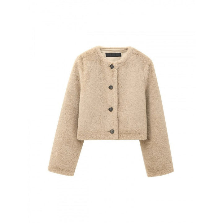 Damen Cropped Teddy‑Jacke mit geradem Saum, Rundhals und Hornknopfverschluss Drune