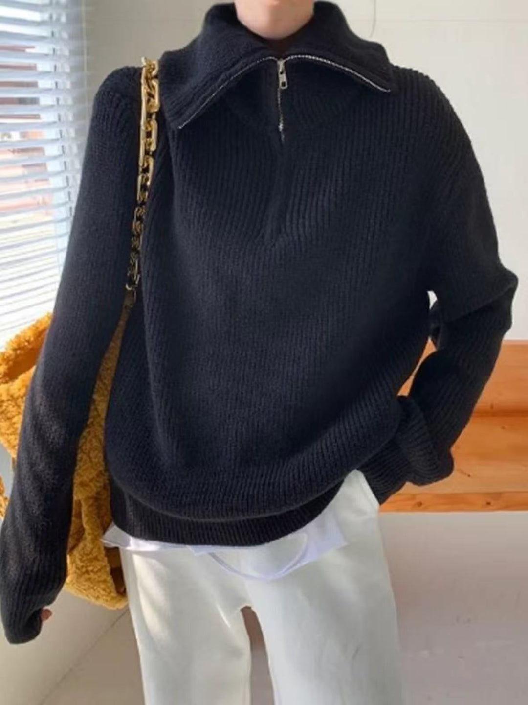 Damen Leichter Strickpullover mit hohem Kragen und Reißverschluss Drune