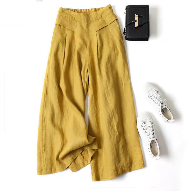 Damen Weit geschnittene Leinenhose mit hohem Bund und eleganten Falten Drune