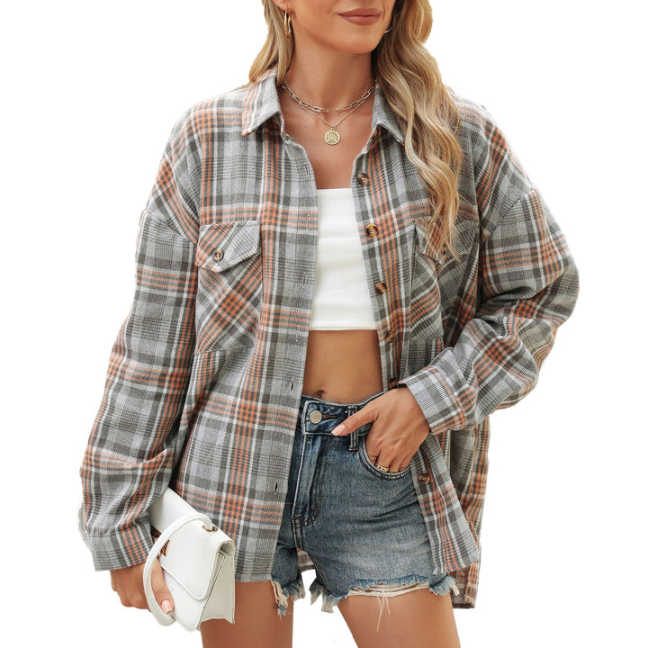 Damen karierte Hemdbluse mit oversized Schnitt und Brusttaschen Drune