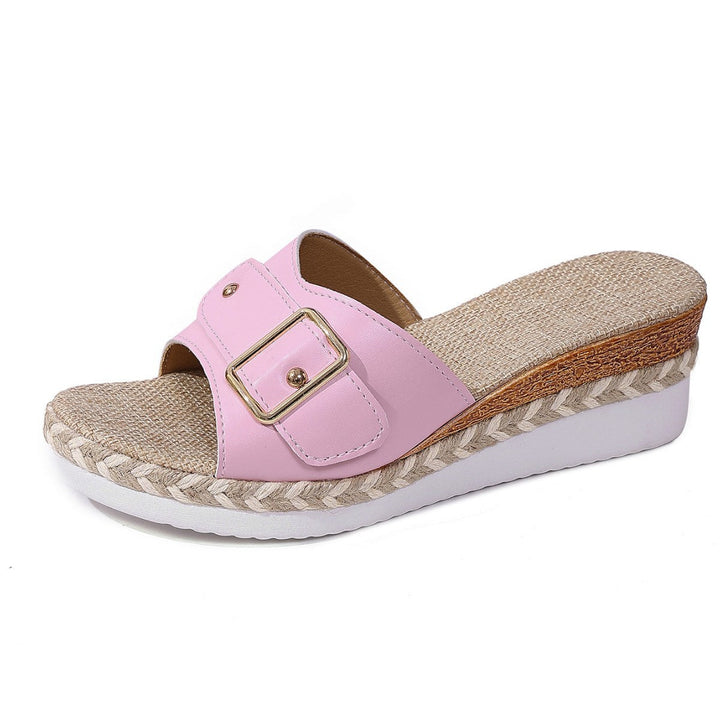 Damen Wedge-Pantoletten mit elegantem Schnallenverschluss und geflochtenem Fußelement Drune