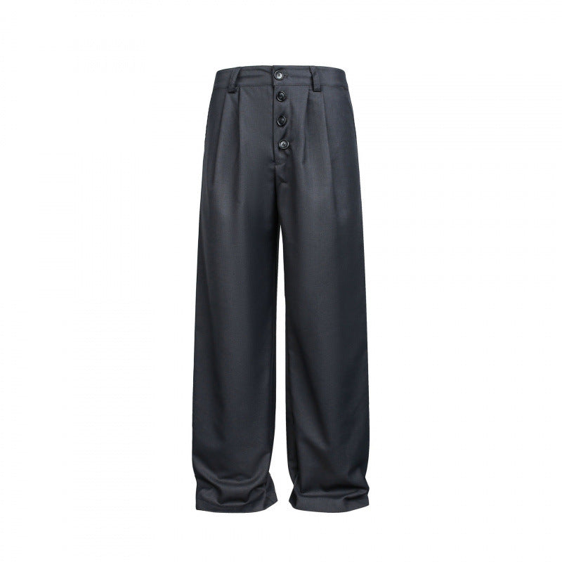 Damen Weite Bundfalten-Hose mit hoher Taille und sichtbarer Knopfleiste Drune