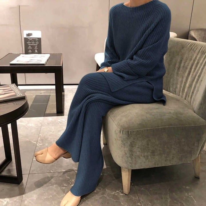 Damen modisches Strickensemble mit lässigem Pullover und weitem Hosenabschluss Drune