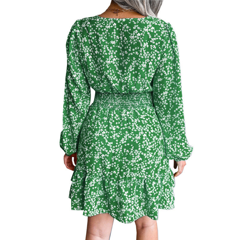 Damen romantisches Blumenkleid mit V-Ausschnitt und Rüschendetails Drune