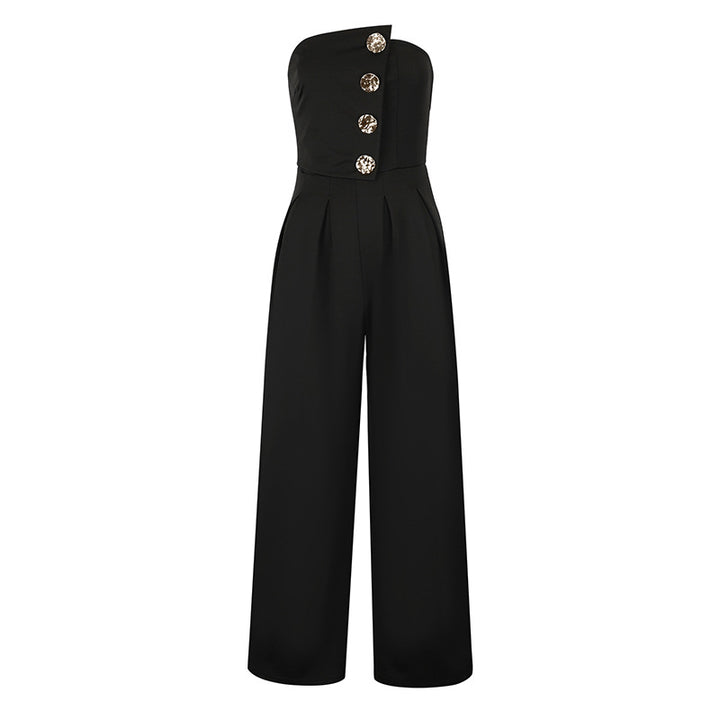 Damen Elegantes Jumpsuit mit asymmetrischem Ausschnitt und dekorativen Knöpfen Drune