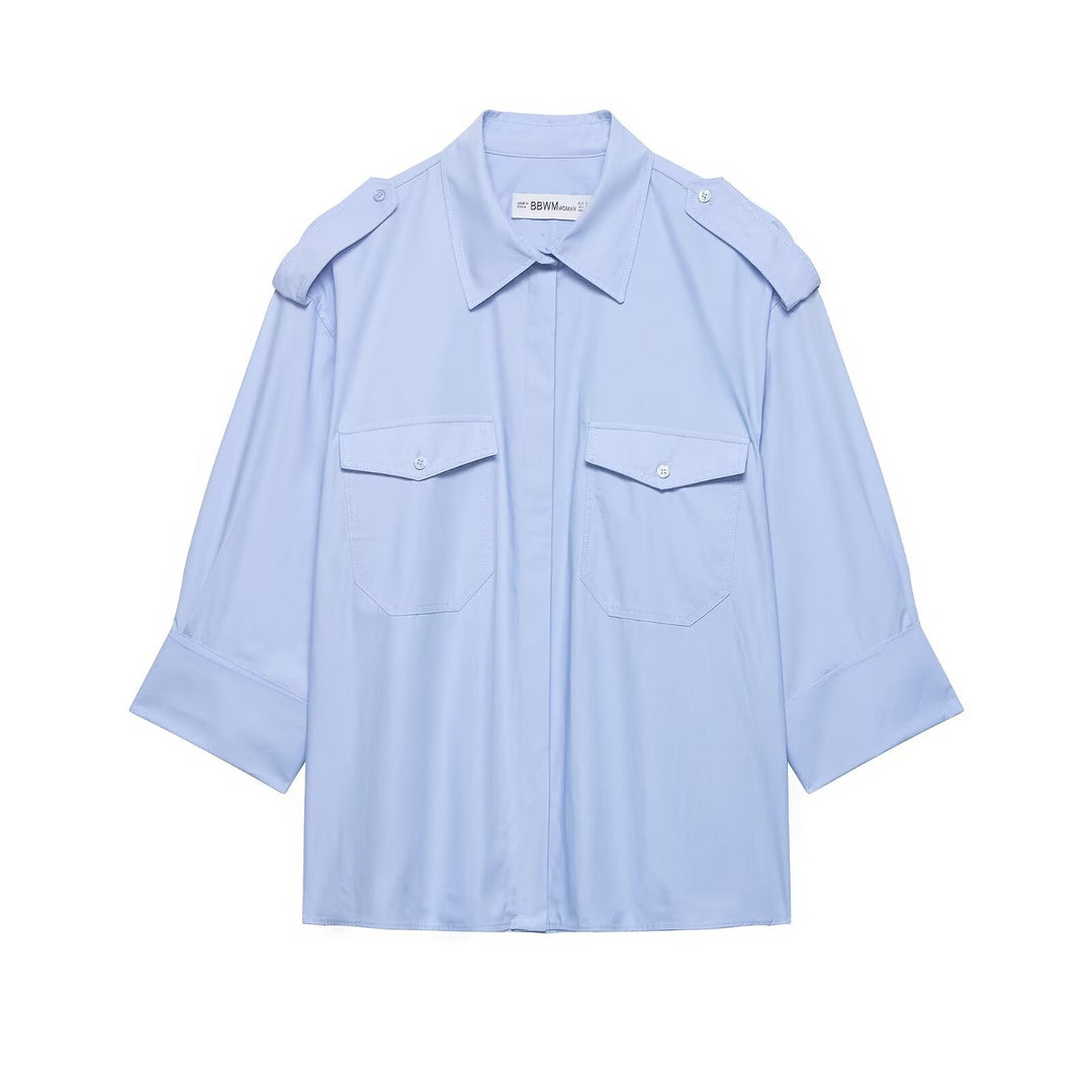 Damen Oversize-Hemdbluse im Utility‑Stil mit Epauletten und Pattentaschen Drune