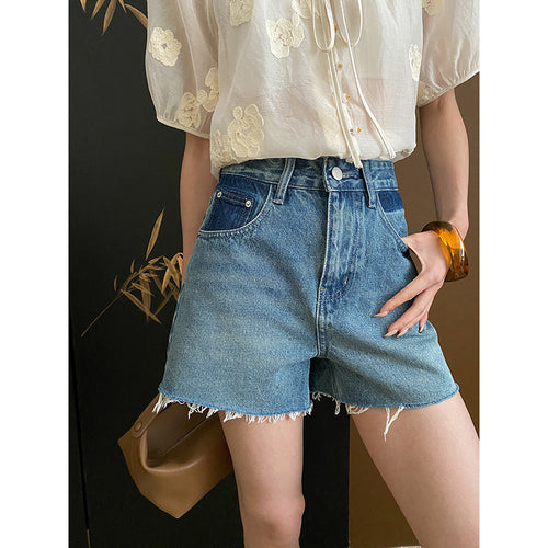 Damen lässige Jeansshorts im Vintage-Stil mit hohem Bund und fransigem Saum Drune