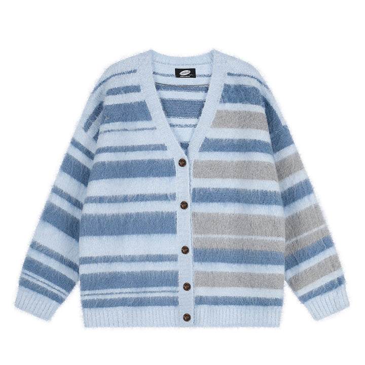 Damen Oversize-Strickjacke mit V‑Ausschnitt, kuscheliger Mohair‑Optik und gestreiftem Muster Drune