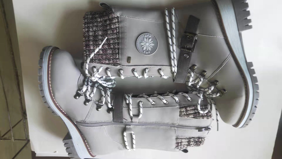 Damen nan gefütterte Schnürstiefel mit gestricktem Schaftbund, dekorativem Schnallenriemen und profilierter Gummisohle Drune
