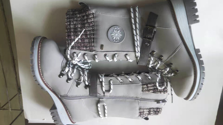 Damen nan gefütterte Schnürstiefel mit gestricktem Schaftbund, dekorativem Schnallenriemen und profilierter Gummisohle Drune