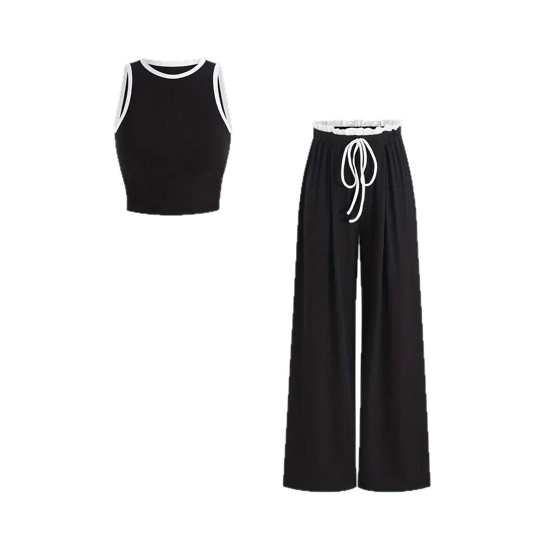 Damen stylishes Sport-Set mit hoch taillierter Weitbein-Hose und sportlichem Bustier Drune