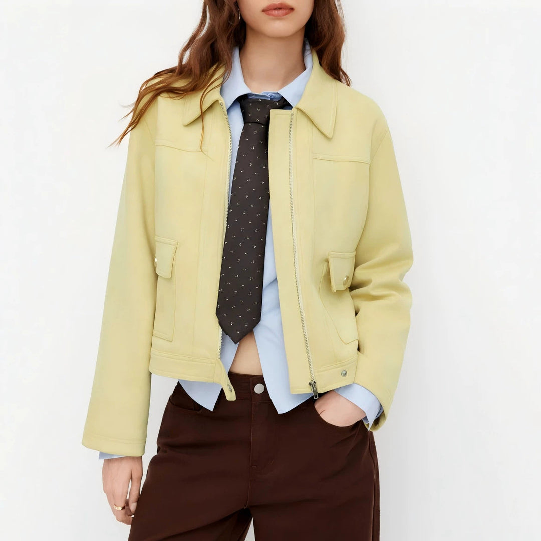 Damen Kurzjacke mit Reißverschluss, Hemdkragen und Pattentaschen Drune