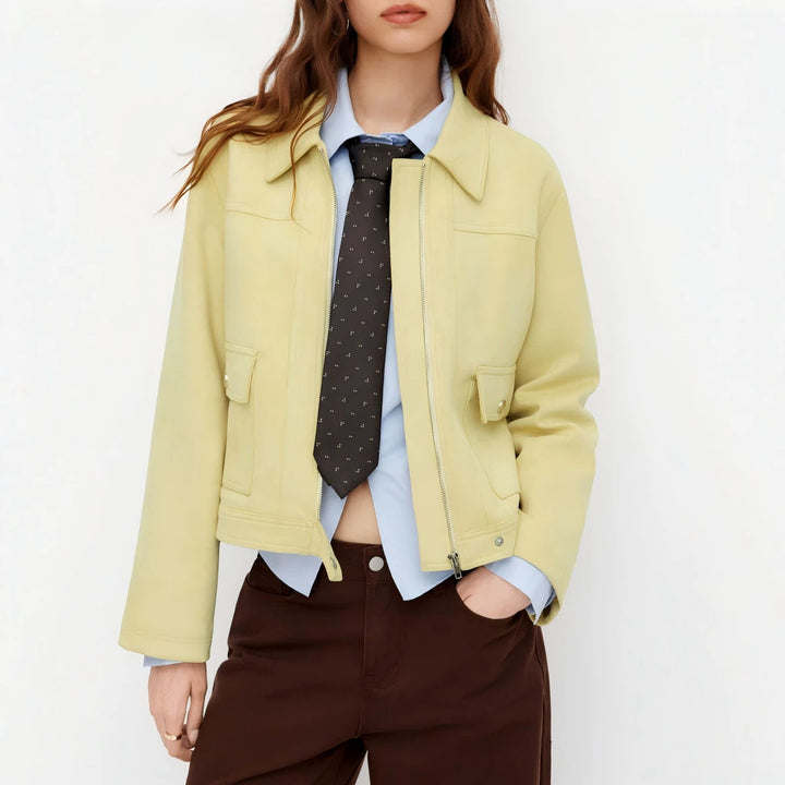 Damen Kurzjacke mit Reißverschluss, Hemdkragen und Pattentaschen Drune