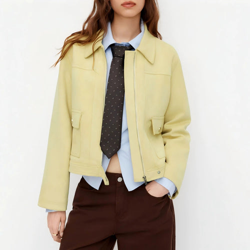 Damen Kurzjacke mit Reißverschluss, Hemdkragen und Pattentaschen Drune