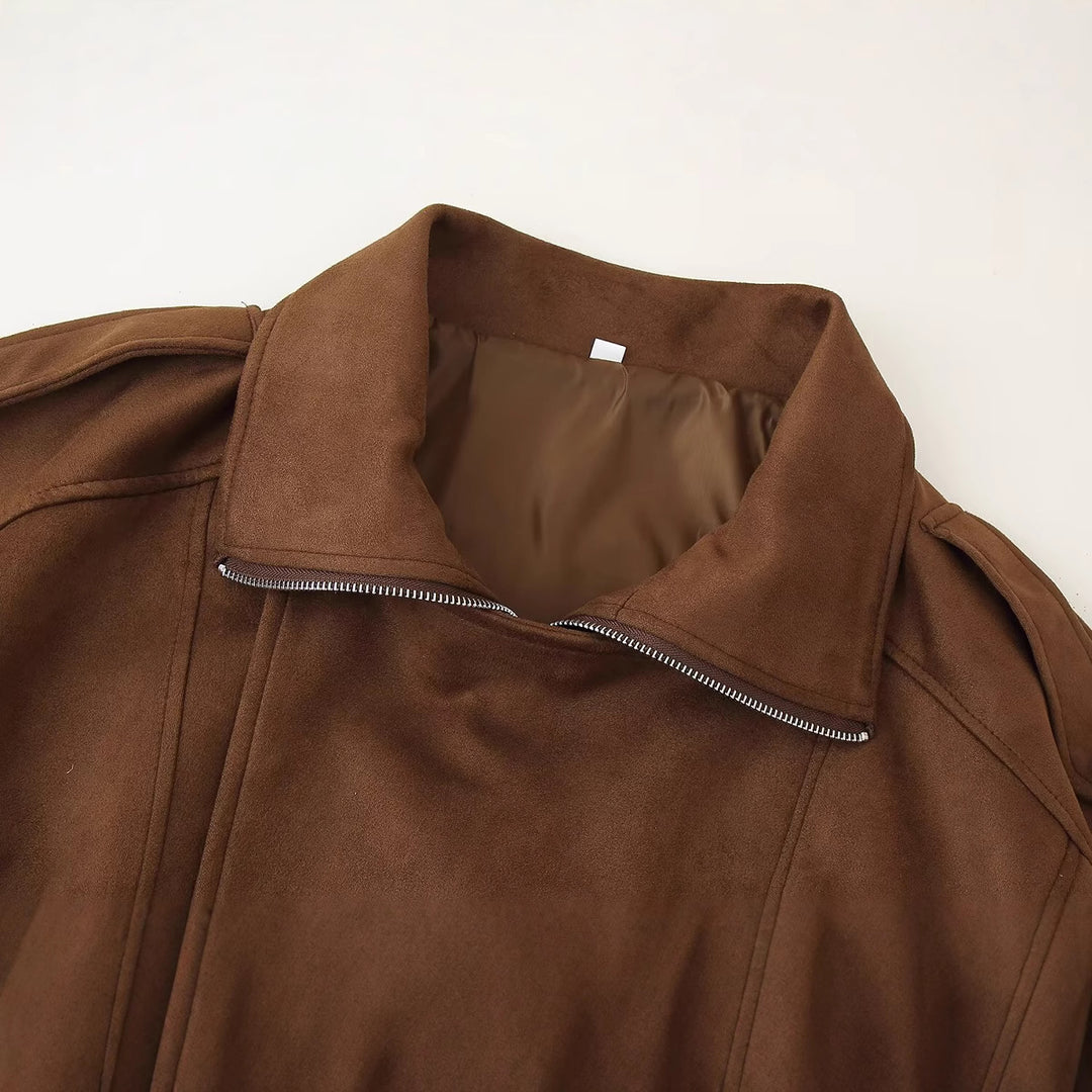 Damen Oversized Wildlederjacke mit raffiniertem Gürtel und großen Taschen Drune