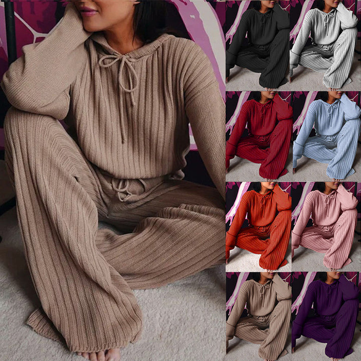 Damen Geripptes Strick-Loungewear-Set mit Kapuzenpullover und weiter Kordelzughose Drune