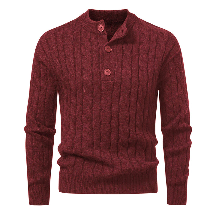 Herren Zopfmuster-Pullover mit kurzer Knopfleiste und Stehkragen Drune
