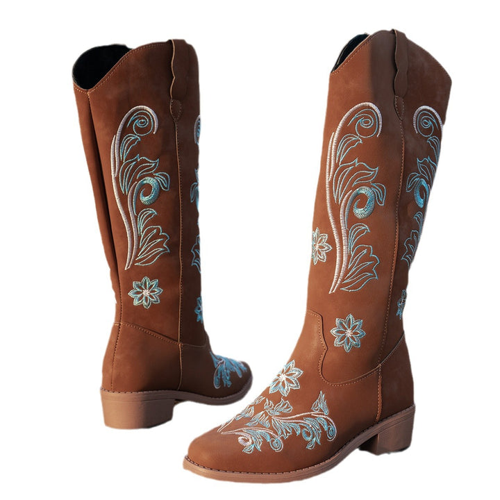 Damen Cowboy-Stiefel mit handgefertigten floralen Details und bequemem Blockabsatz Drune
