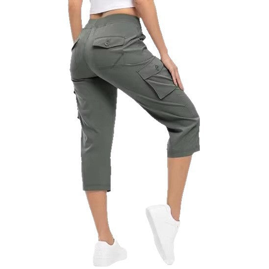 Damen Capri Cargo-Hosen in Bermuda-Länge mit hoher Taille und aufgesetzten Klappentaschen Drune