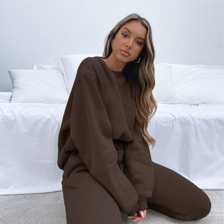 Damen kuscheliges Relax-Sweatshirt- und Jogger-Set aus angerautem Baumwollmix mit Raglanärmeln Drune