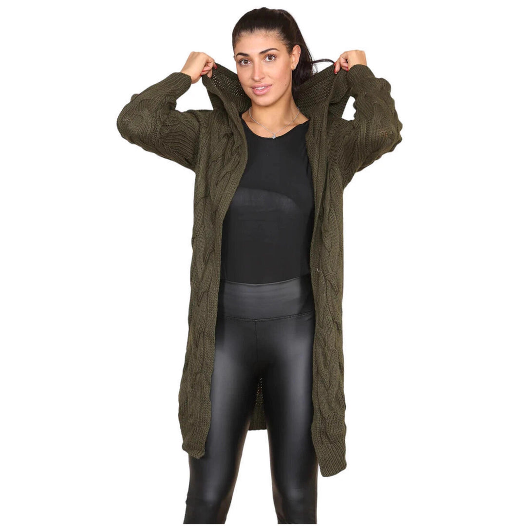 Damen Strickmantel mit Kapuze und strukturiertem Zopfmuster Drune