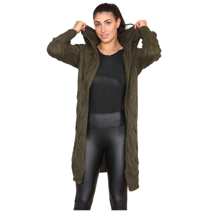Damen Strickmantel mit Kapuze und strukturiertem Zopfmuster Drune