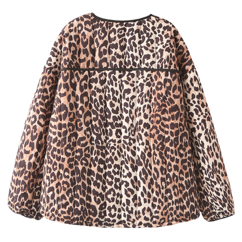 Damen nan gesteppte Kurzjacke mit Leopardenmuster, Rundhalsausschnitt und aufgesetzten Eingrifftaschen Drune