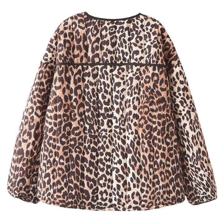 Damen nan gesteppte Kurzjacke mit Leopardenmuster, Rundhalsausschnitt und aufgesetzten Eingrifftaschen Drune