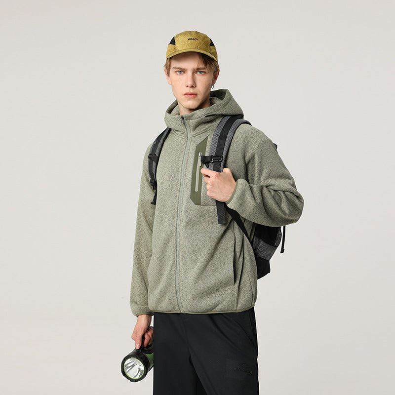 Herren Oversize Kapuzen‑Fleecejacke mit melierter Struktur, durchgehendem Reißverschluss und vertikaler Brusttasche Drune