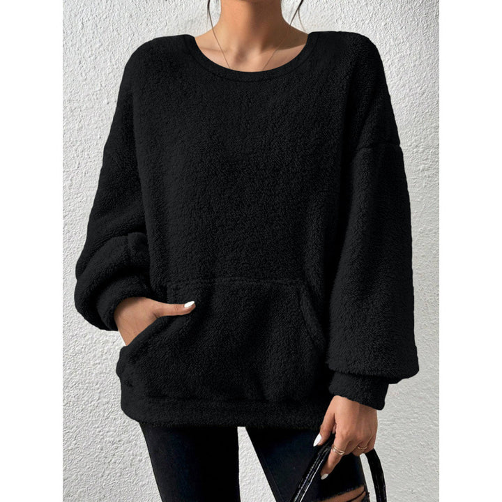 Damen Kuscheliger Oversize-Sherpa-Pullover mit Kängurutasche und Ballonärmeln Drune