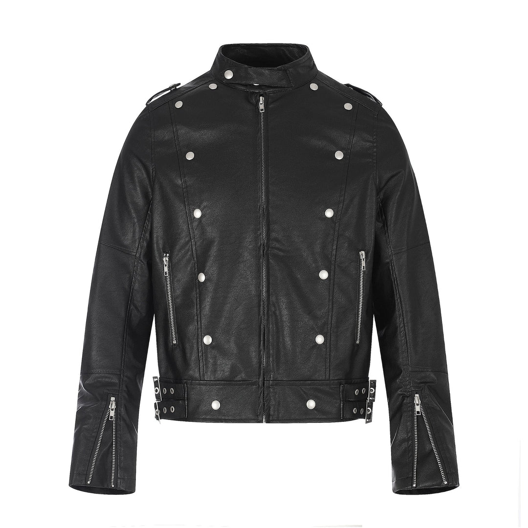 Herren Biker‑Lederjacke im Military‑Style mit Nieten, Stehkragen und Taillengürtel Drune