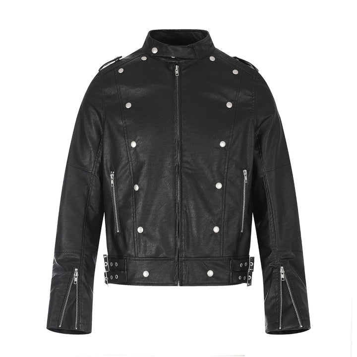 Herren Biker‑Lederjacke im Military‑Style mit Nieten, Stehkragen und Taillengürtel Drune