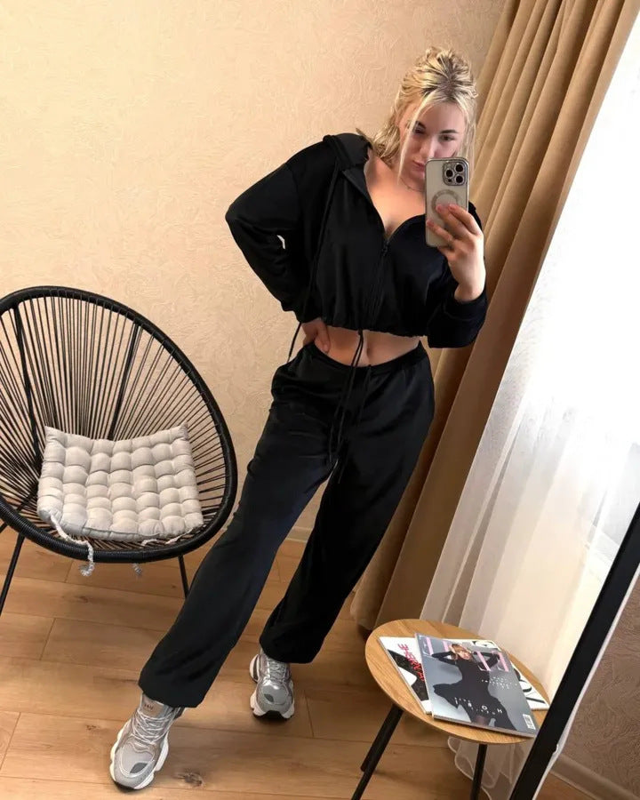 Damen Samtiges Cropped-Zip-Hoodie-Set mit Tunnelzugbund und weitem Lounge-Sweathose Drune