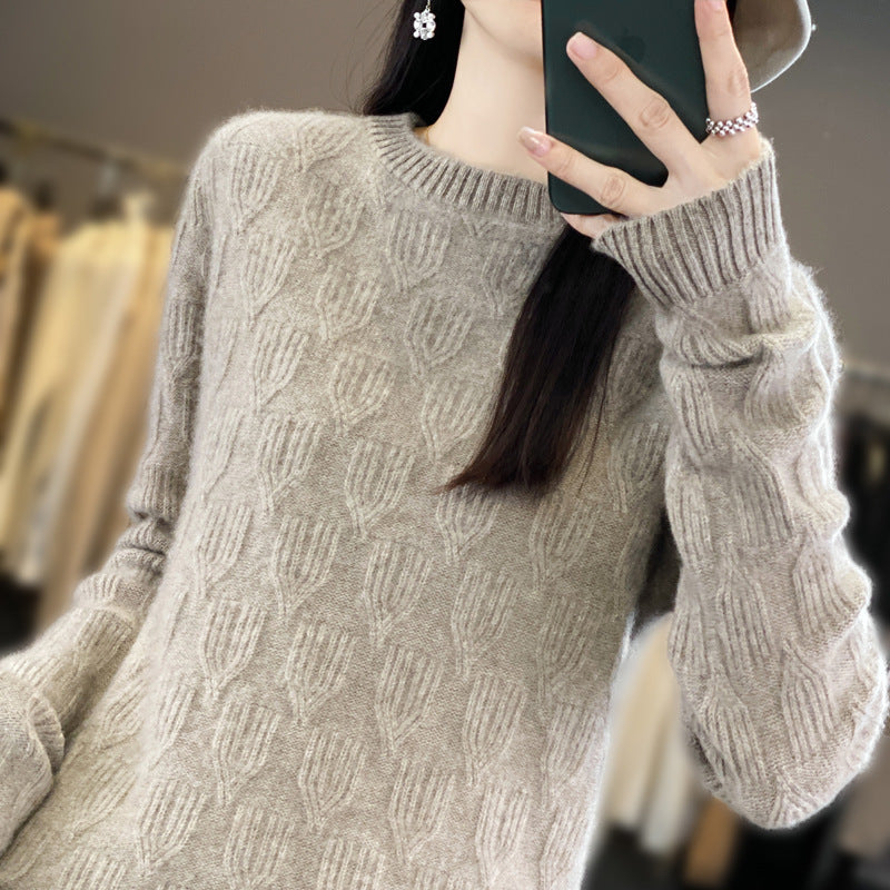 Damen Weicher Mohair‑Look Rundhalspullover mit erhabener Tulpenstruktur Drune