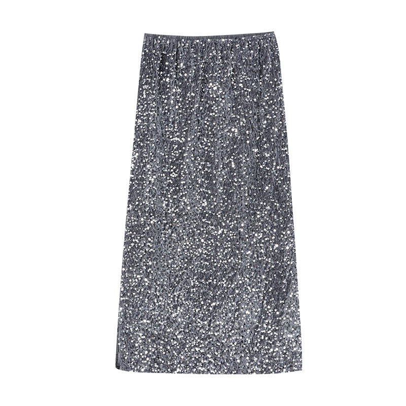 Damen Glitzernder Midirock mit elastischem Bund und raffinierten Details Drune