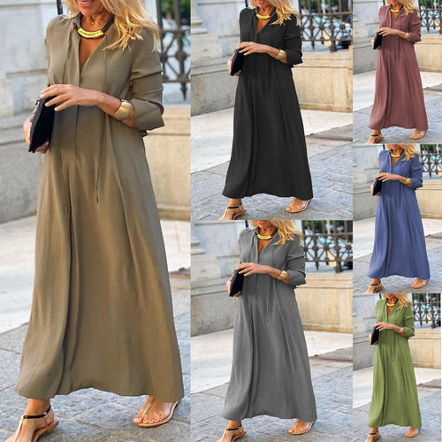 Damen Maxikleid mit V-Ausschnitt, Langärmelig, lockere A-Linien‑Silhouette und Kordelzug Drune