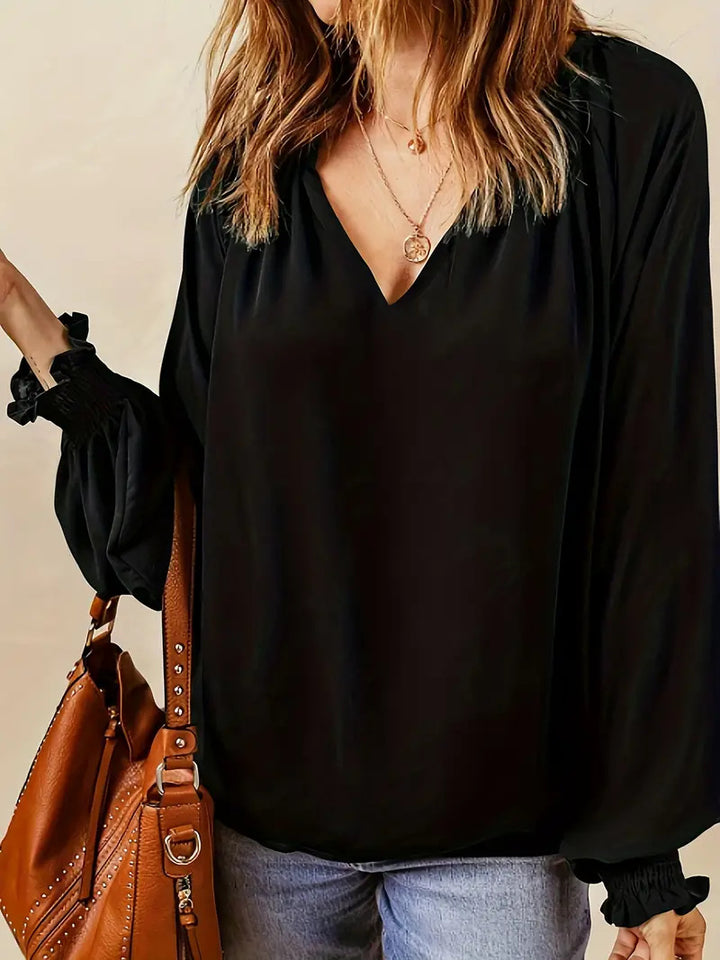 Damen Elegantes V-Ausschnitt Bluse mit Puffärmeln Drune