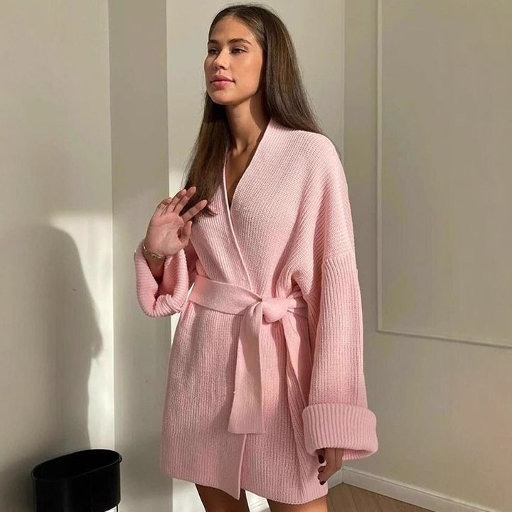 Damen Oversize Strickmantel mit Bindegürtel und geripptem Feinstrick Drune