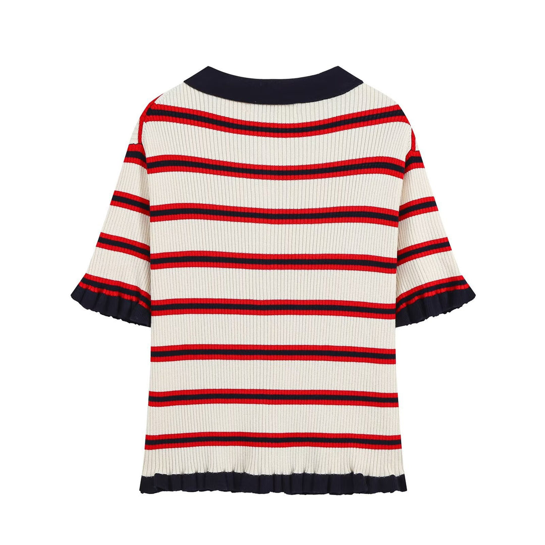 Damen Kurzarm-Rippenstrick-Cardigan mit Polokragen, Knopfleiste und Rüschensaum Drune