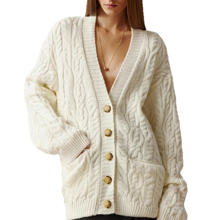 Damen Oversize Zopfmuster-Strickcardigan mit V‑Ausschnitt und aufgesetzten Taschen Drune