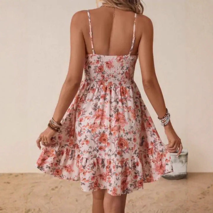 Damen Floral Sommerkleid mit schwingendem Rock und Spaghetti-Trägern Drune