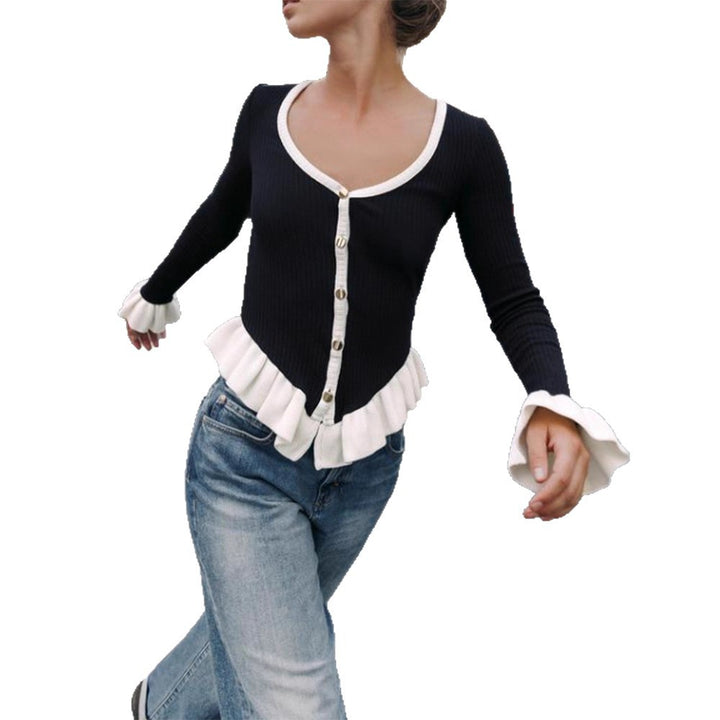 Damen Gerippte Strickjacke mit Volant-Saum, Zierknöpfen und Rüschenmanschetten Drune